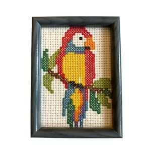 Vintage MCM Parrot Macaw Bird Cross Stitch Embroidery Framed Art